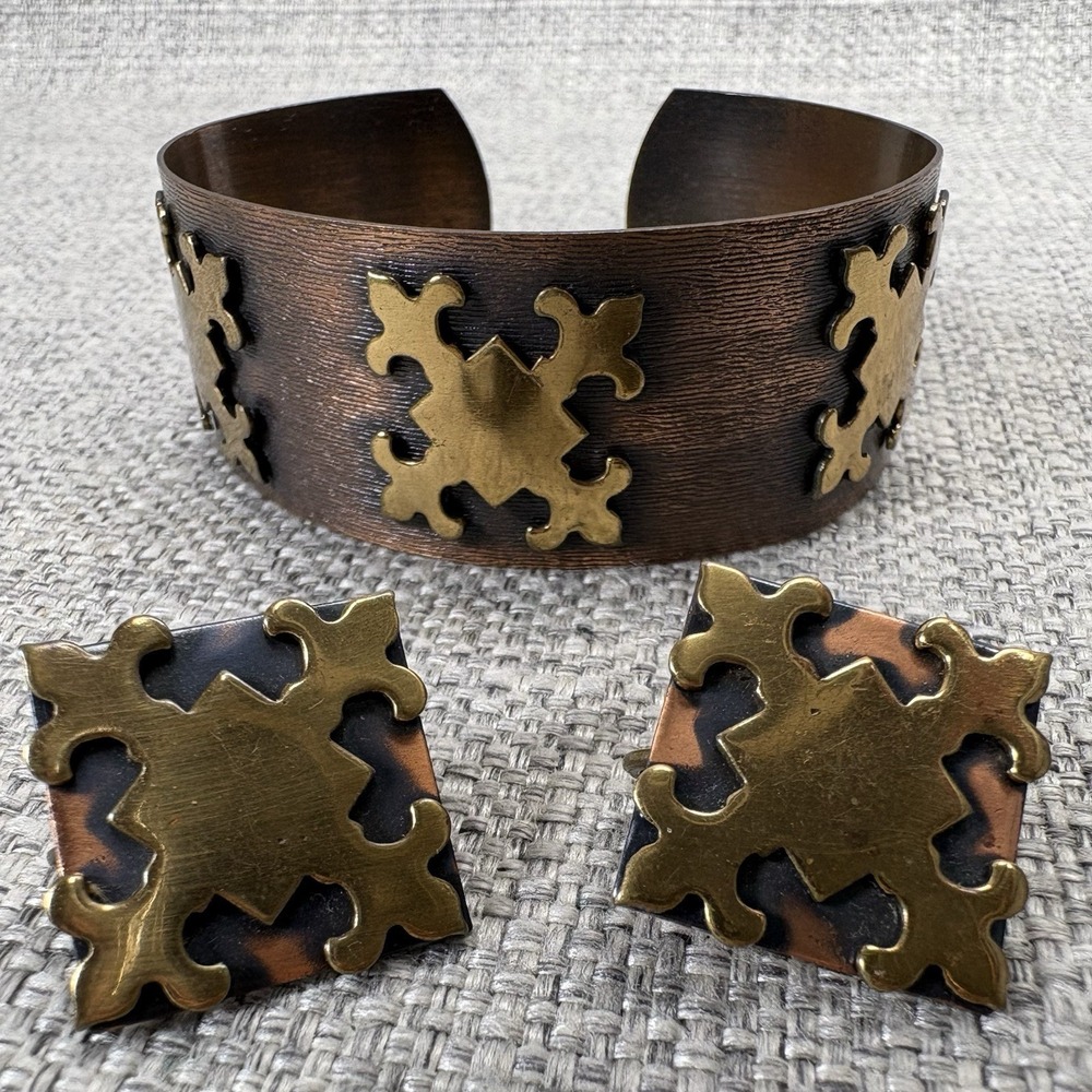 Vintage Genuine Copper Cuff Bracelet and Clip On Earring Set Mixed Metal Cross